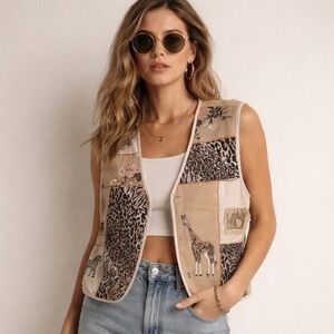 Vtg 90s TanTrums Safari Vest 1x Artsy Teacher Grandmacore Novelty Animals Jungle